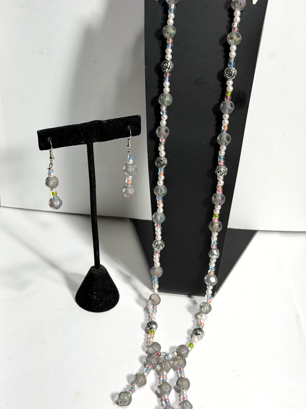 Smokey Gray Beaded Pendant Necklace & Earrings Set Pastel Accents